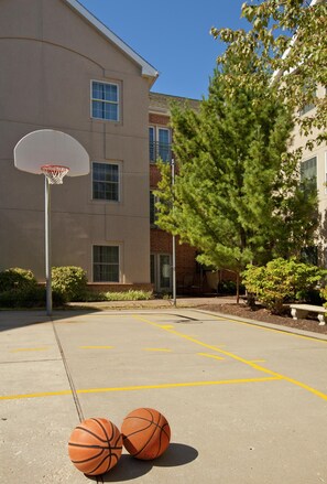 Una cancha de baloncesto con dos balones y un aro, rodeada por un edificio con ventanas y un árbol.