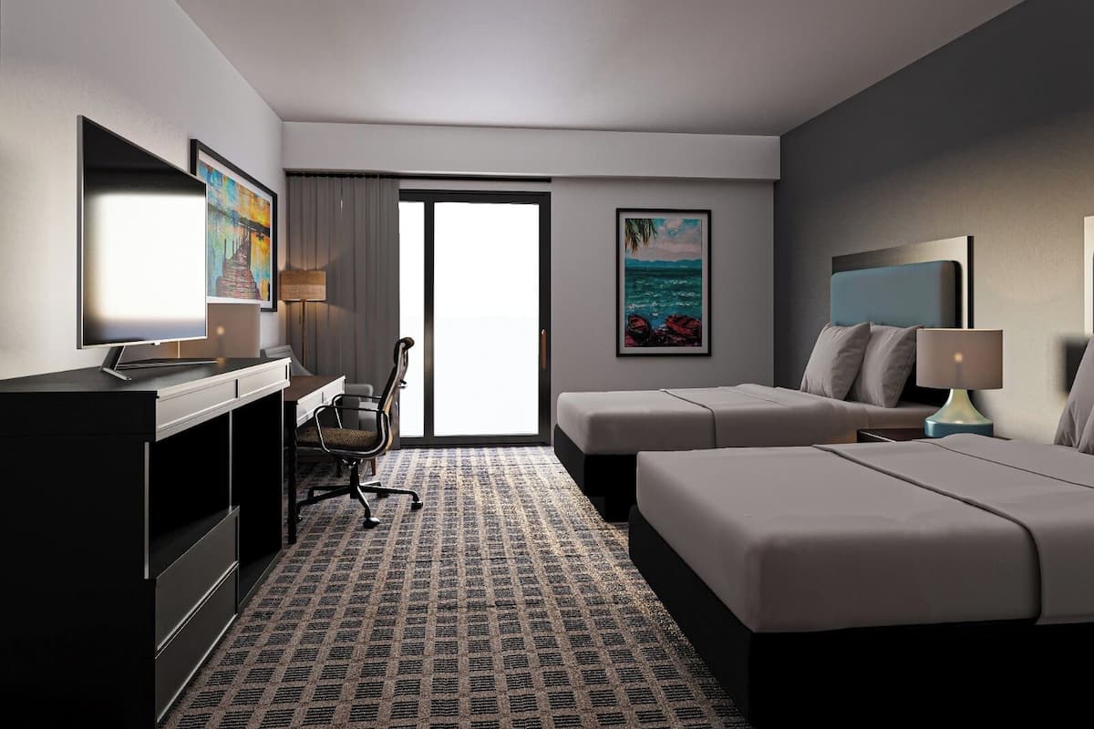 Standard Room, 2 Queen Beds, Lake View | In-room safe, desk, laptop workspace, iron/ironing board