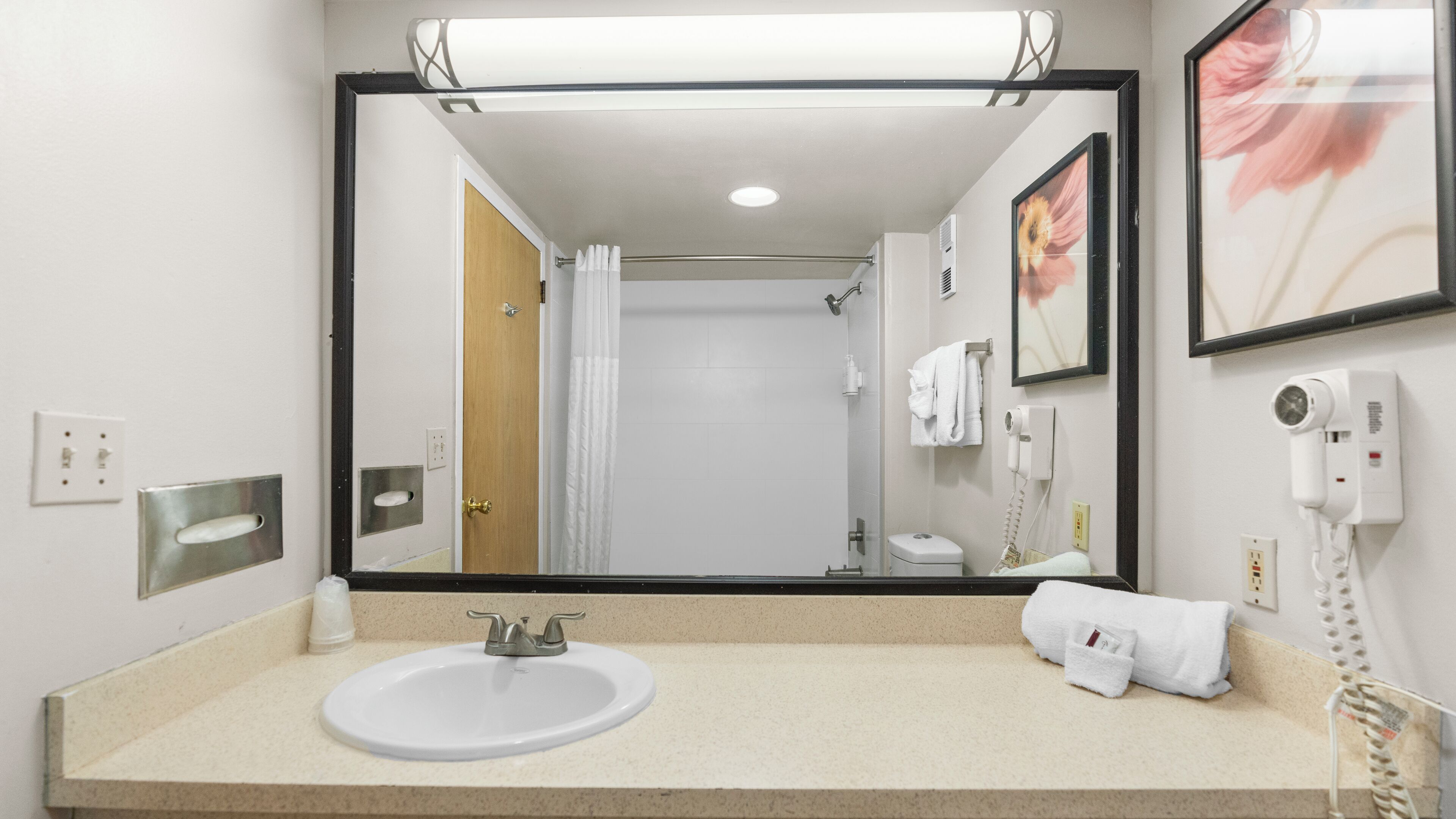 A hotel bathroom with a large mirror, a sink, a shower, a towel rack, and a hairdryer.