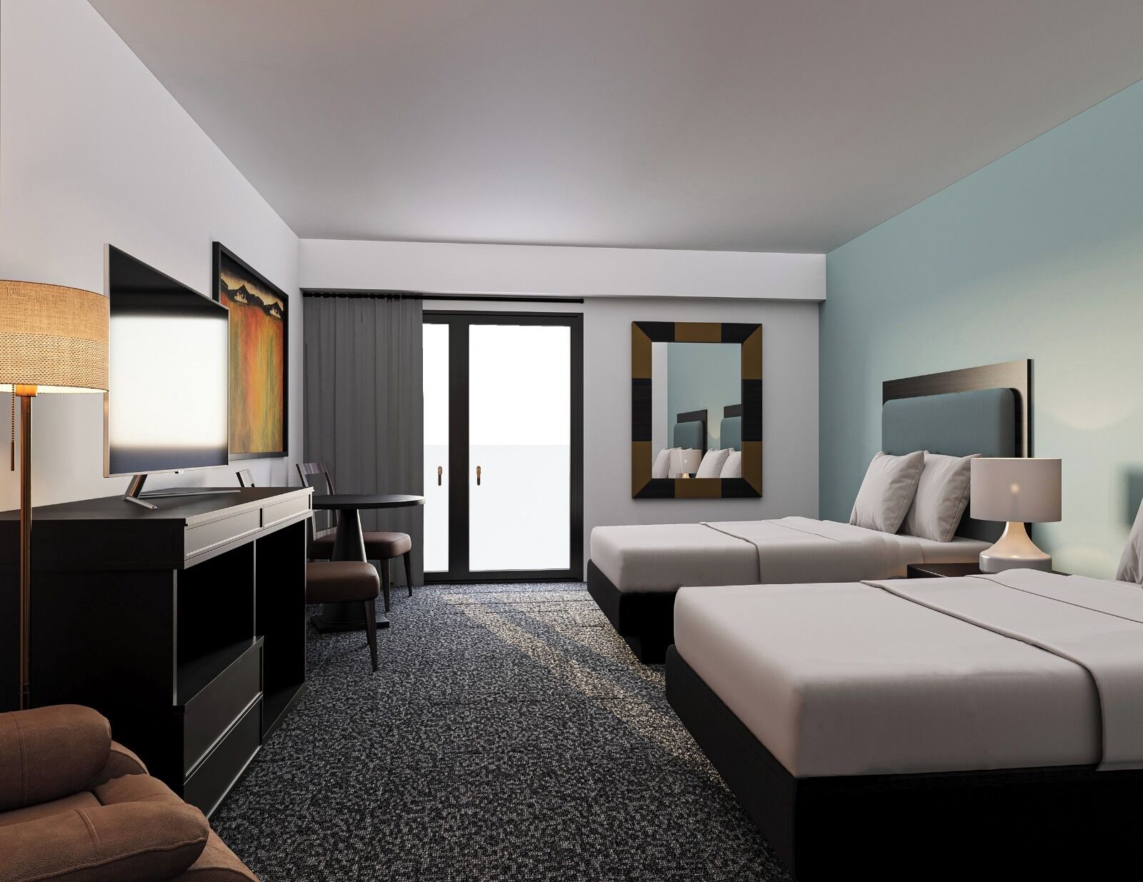 A hotel room with a desk, two beds, a TV, and a large mirror.