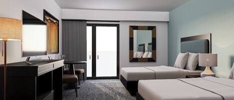 A hotel room with a desk, two beds, a TV, and a large mirror.