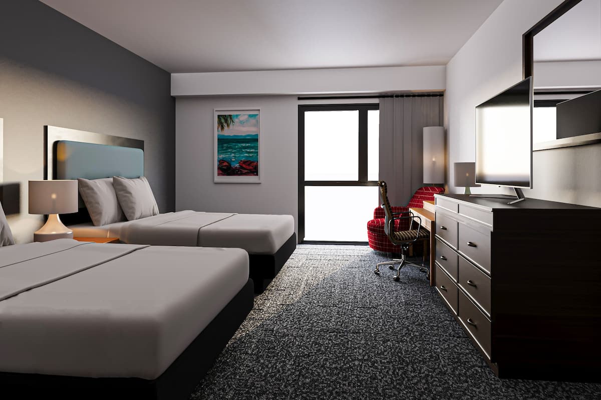 A hotel room with two beds, a desk, a dresser, a chair, a guitar, a painting, and a large window.