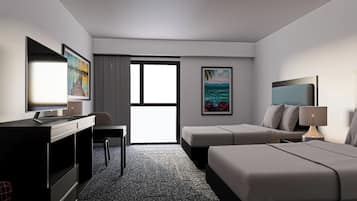 A hotel room with a bed, a desk, a chair, a TV, a painting, and a window.