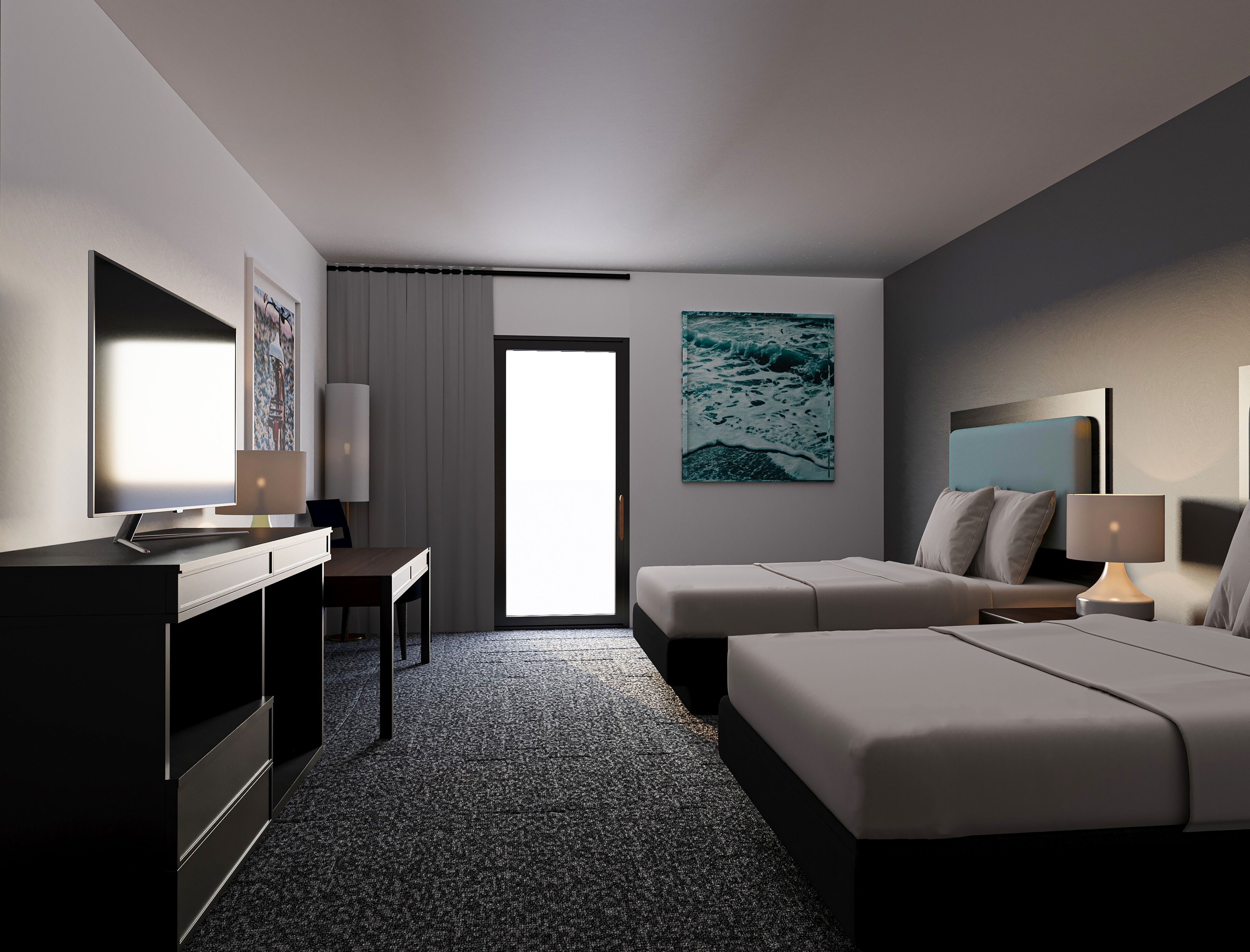 Standard Room, 2 Queen Beds, Lake View | In-room safe, desk, laptop workspace, iron/ironing board