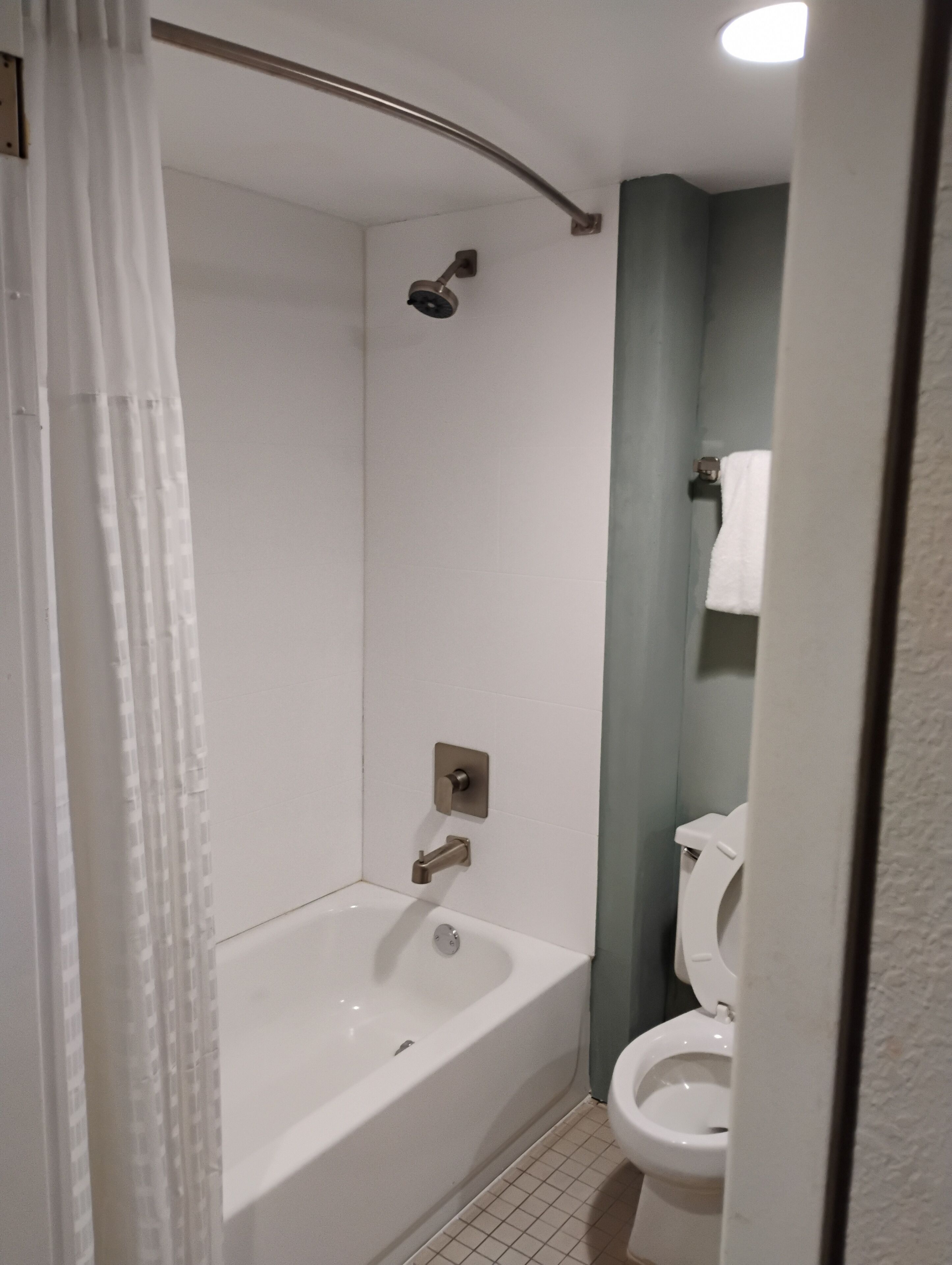 A bathroom with a bathtub, a showerhead, and a toilet.