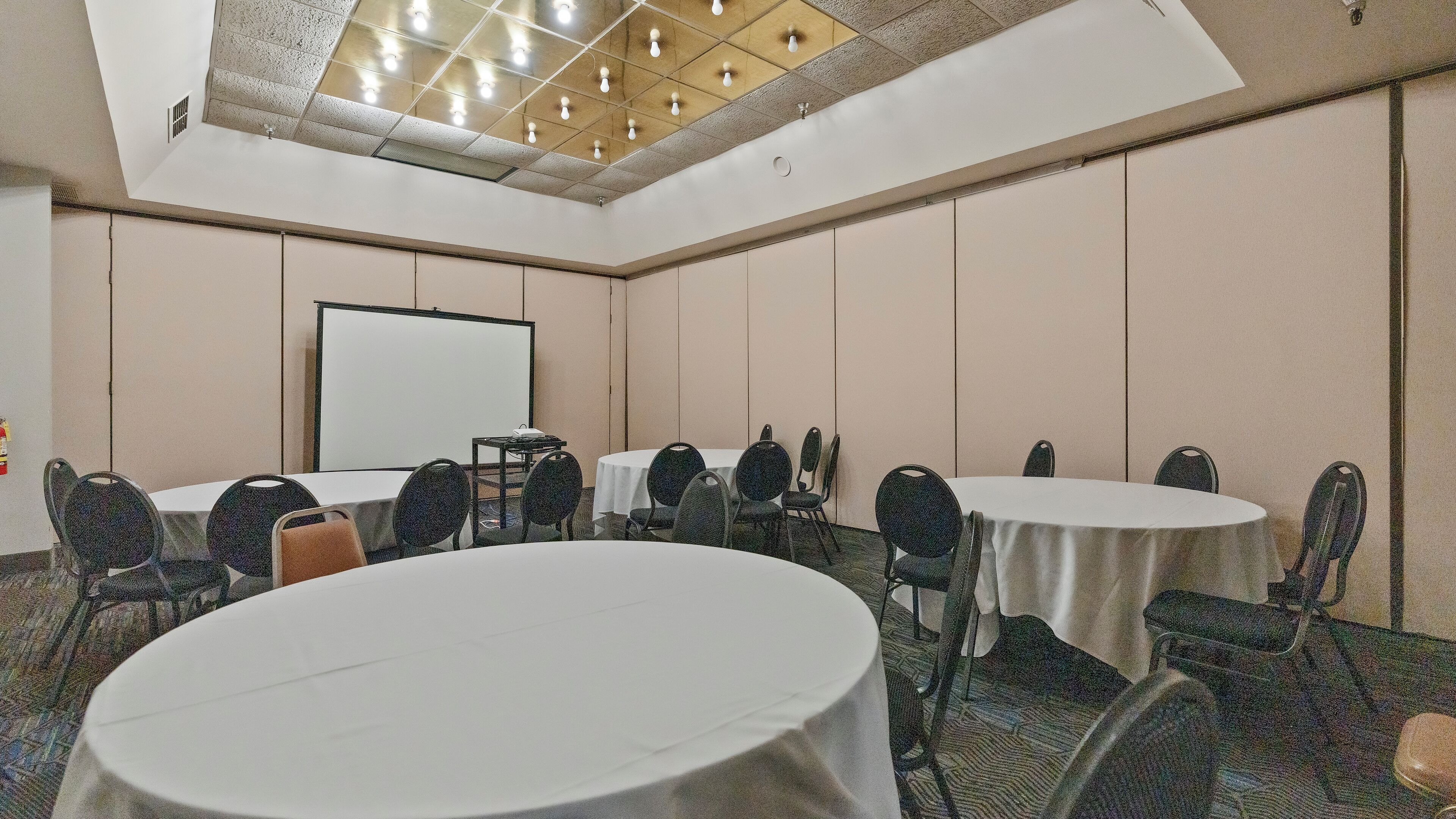 Un salón de conferencias con mesas y sillas redondas, una pantalla de proyector e iluminación empotrada en el techo.