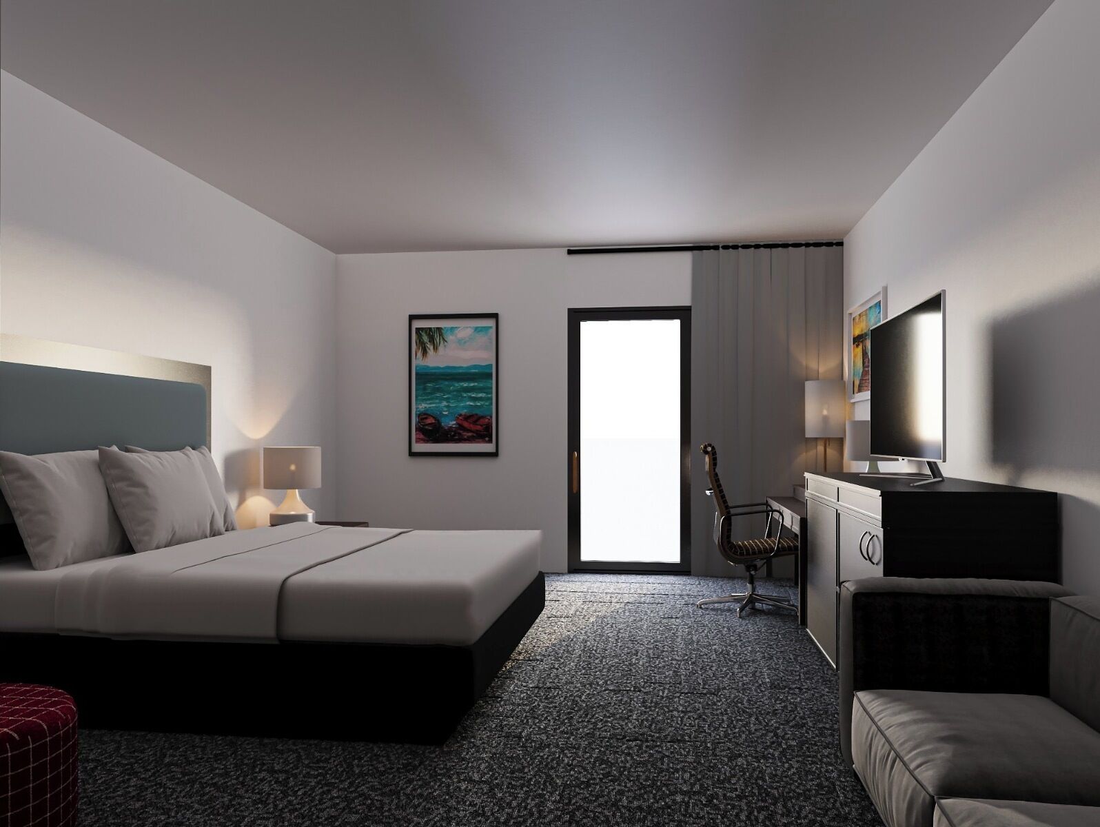 Une chambre d’hôtel avec un lit, un bureau, une chaise, une télévision et un tableau au mur.