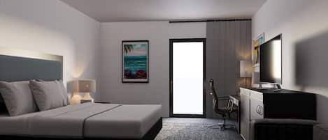 A hotel room with a bed, a desk, a chair, a TV, and a picture on the wall.