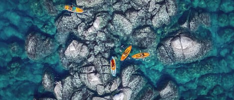 Kayaks on a rocky surface with clear water.
