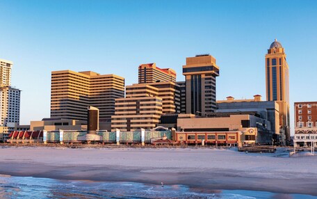 A city skyline with modern buildings, a prominent dome structure, and a beachfront area.