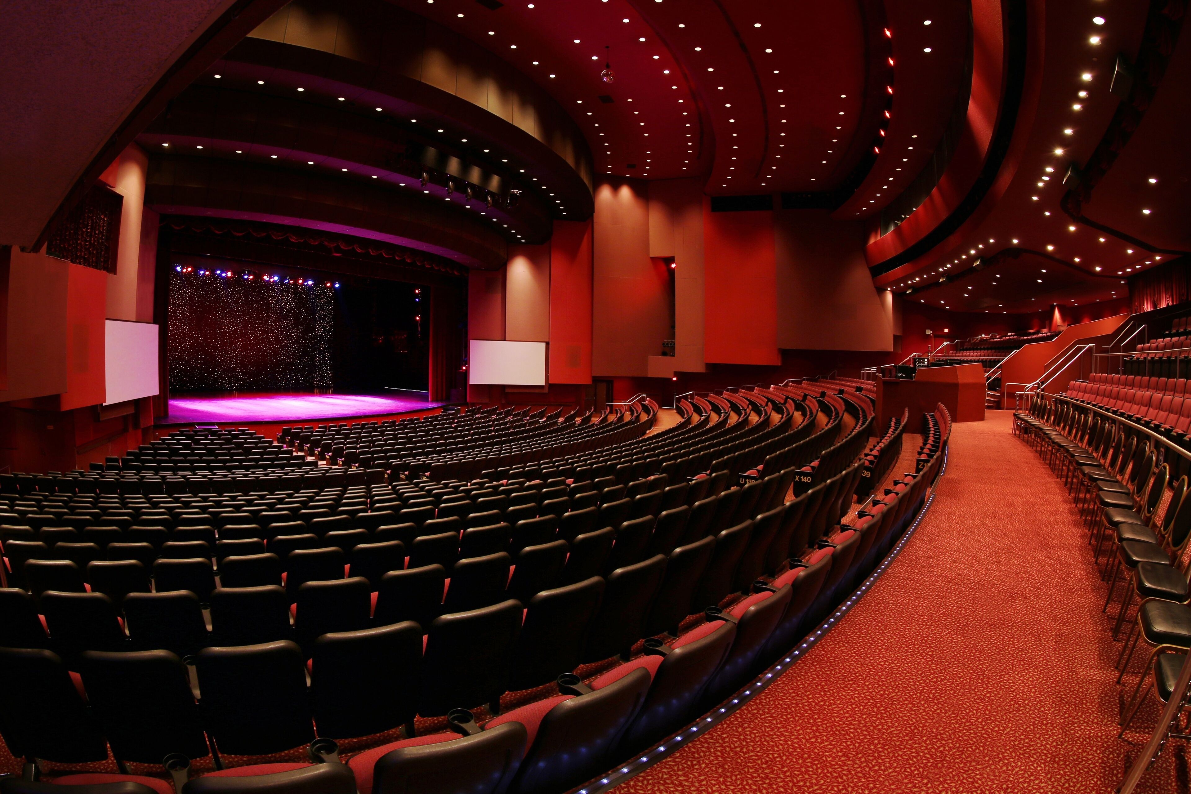 Ein Theater mit Sitzreihen, einer Bühne und einer großen Leinwand.