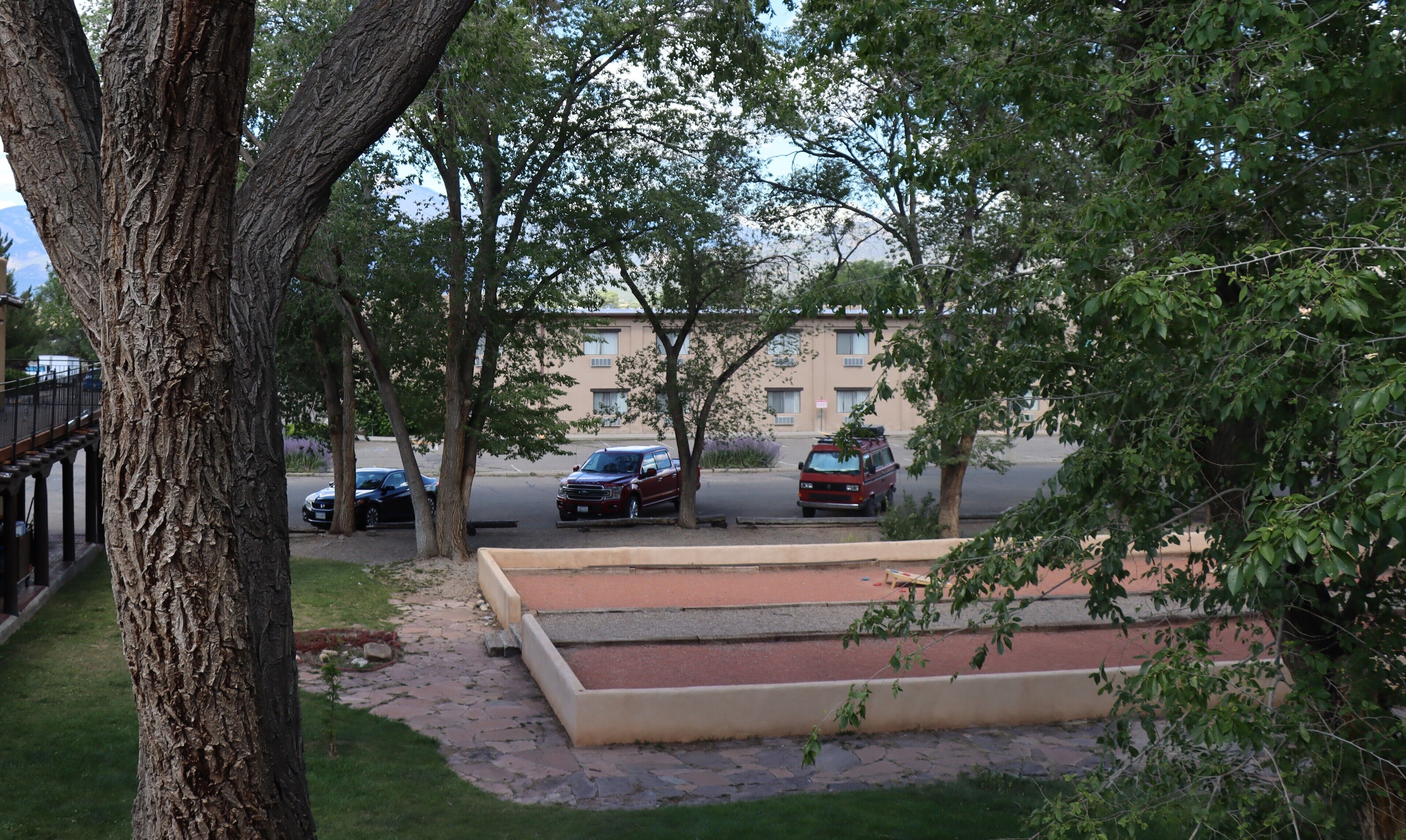 Un aparcamiento con coches, un árbol y un edificio al fondo.
