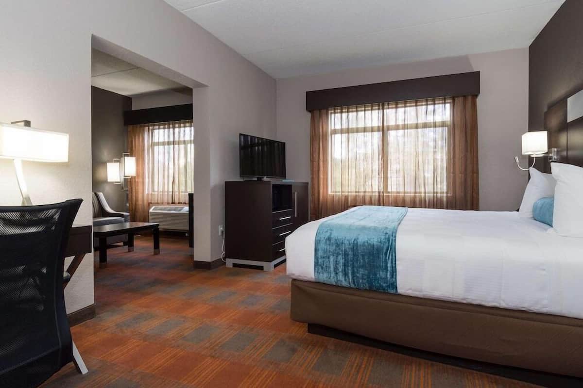 Hotelkamer met een bed, een bureau, een stoel, een televisie en een raam met gordijnen.