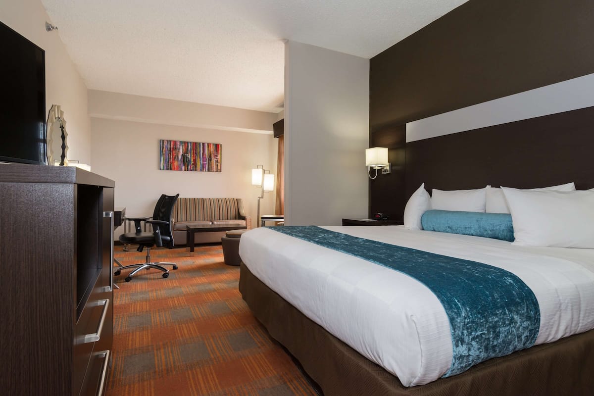 Een hotelkamer met een groot bed, een bureau met stoel, een televisie en een schilderij aan de muur.