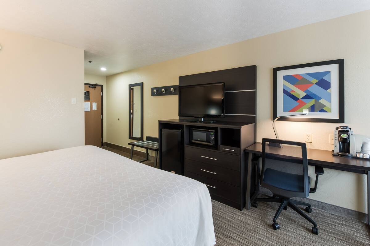 A hotel room with a bed, a desk with a television, a microwave, and a coffee maker.