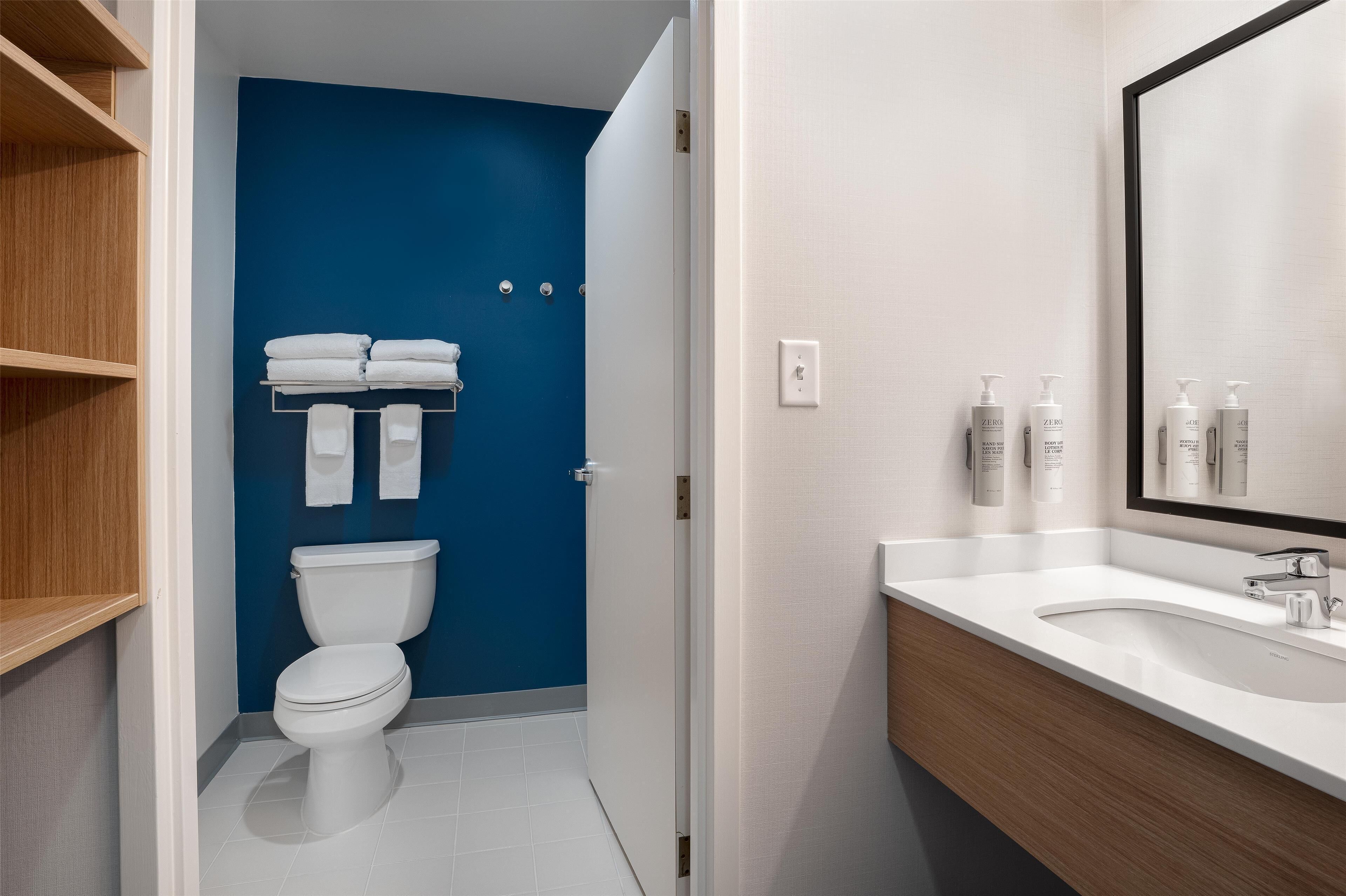 combined shower/bathtub, free toiletries, hair dryer, towels