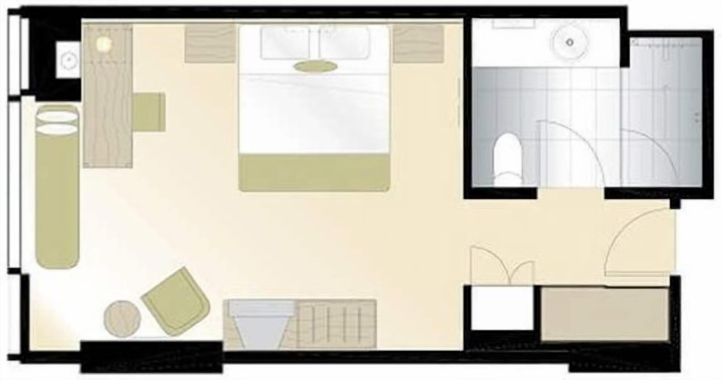 Un plan d’aménagement de chambre d’hôtel comprenant un lit, un bureau, une chaise, une petite table et une salle de bain.