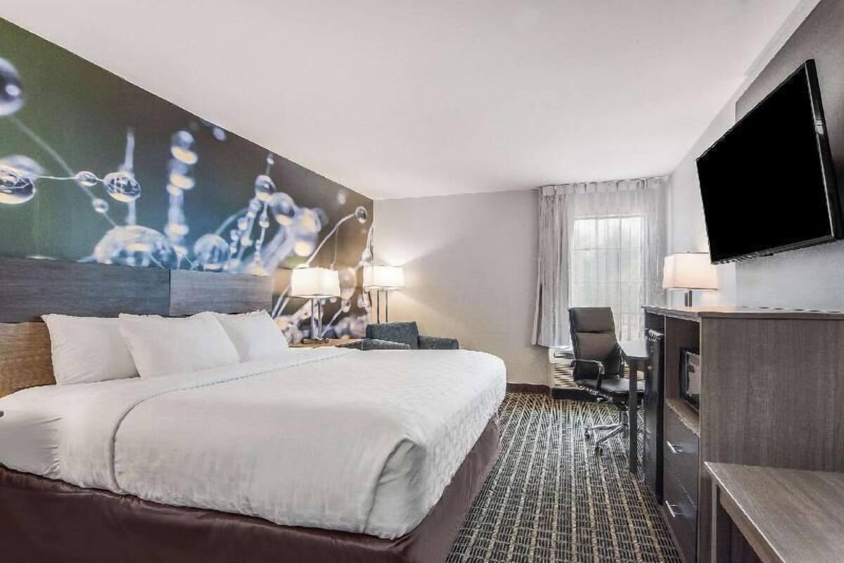 Una habitación de hotel con una cama grande, un televisor de pantalla plana, un escritorio y una silla.