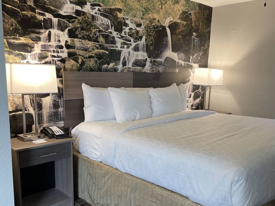 A hotel room with a large bed, two bedside lamps, a telephone, and a nightstand.