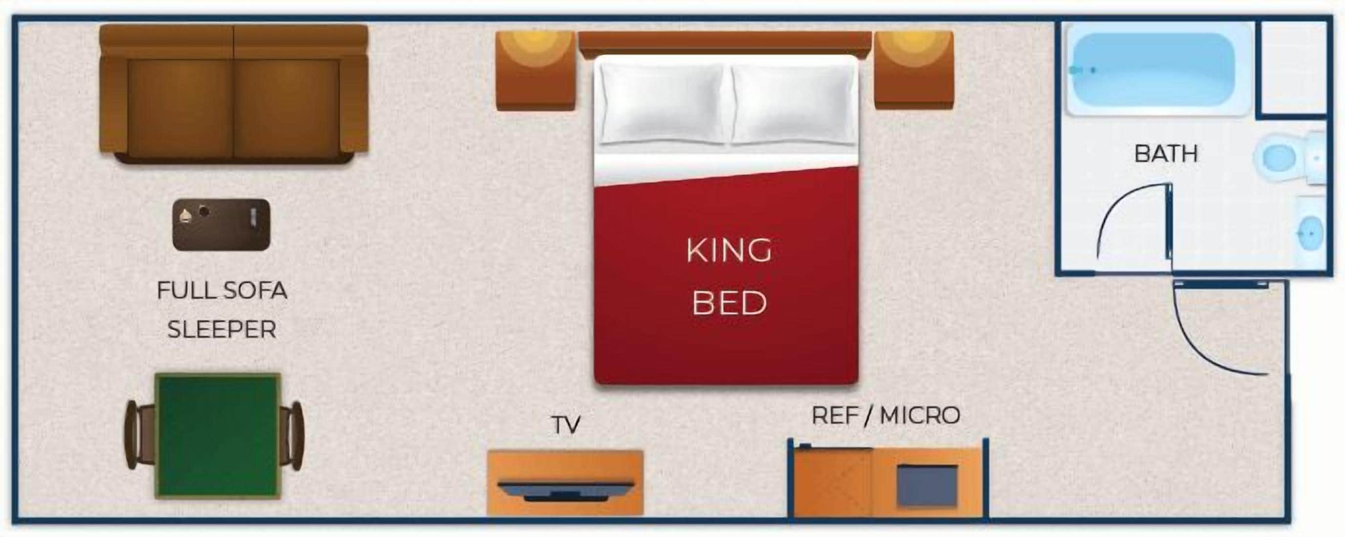 A room with a king bed, full sofa sleeper, TV, REF/MICRO, and a bathroom.