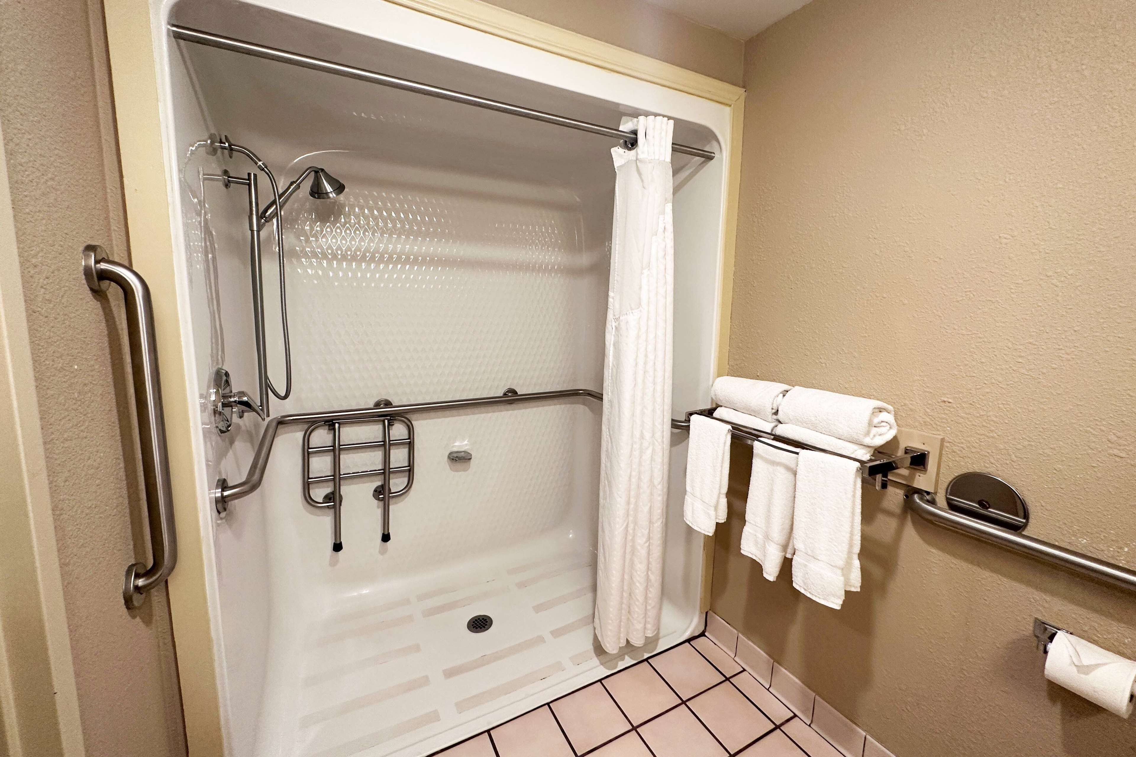 room, 1 king bed, accessible, non smoking (mobility/hearing, roll-in shower) | bathroom | combined shower/bathtub, free toiletries, hair dryer, towels