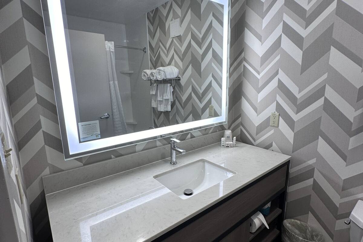 combined shower/bathtub, free toiletries, hair dryer, towels