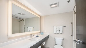 A modern bathroom with a large mirror, a sink, a toilet, and a shower. - Holiday Inn Express & Suites Delafield by IHG (Delafield)