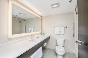 A modern bathroom with a large mirror, a sink, a toilet, and a shower. - Holiday Inn Express & Suites Delafield by IHG (Delafield)