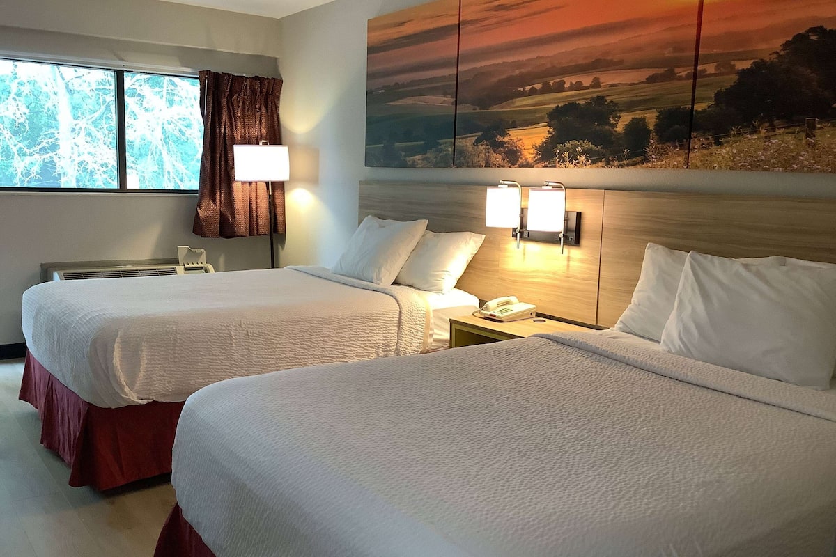 A hotel room with two beds, a large window with curtains, a painting on the wall, and a bedside table with a lamp and a phone.