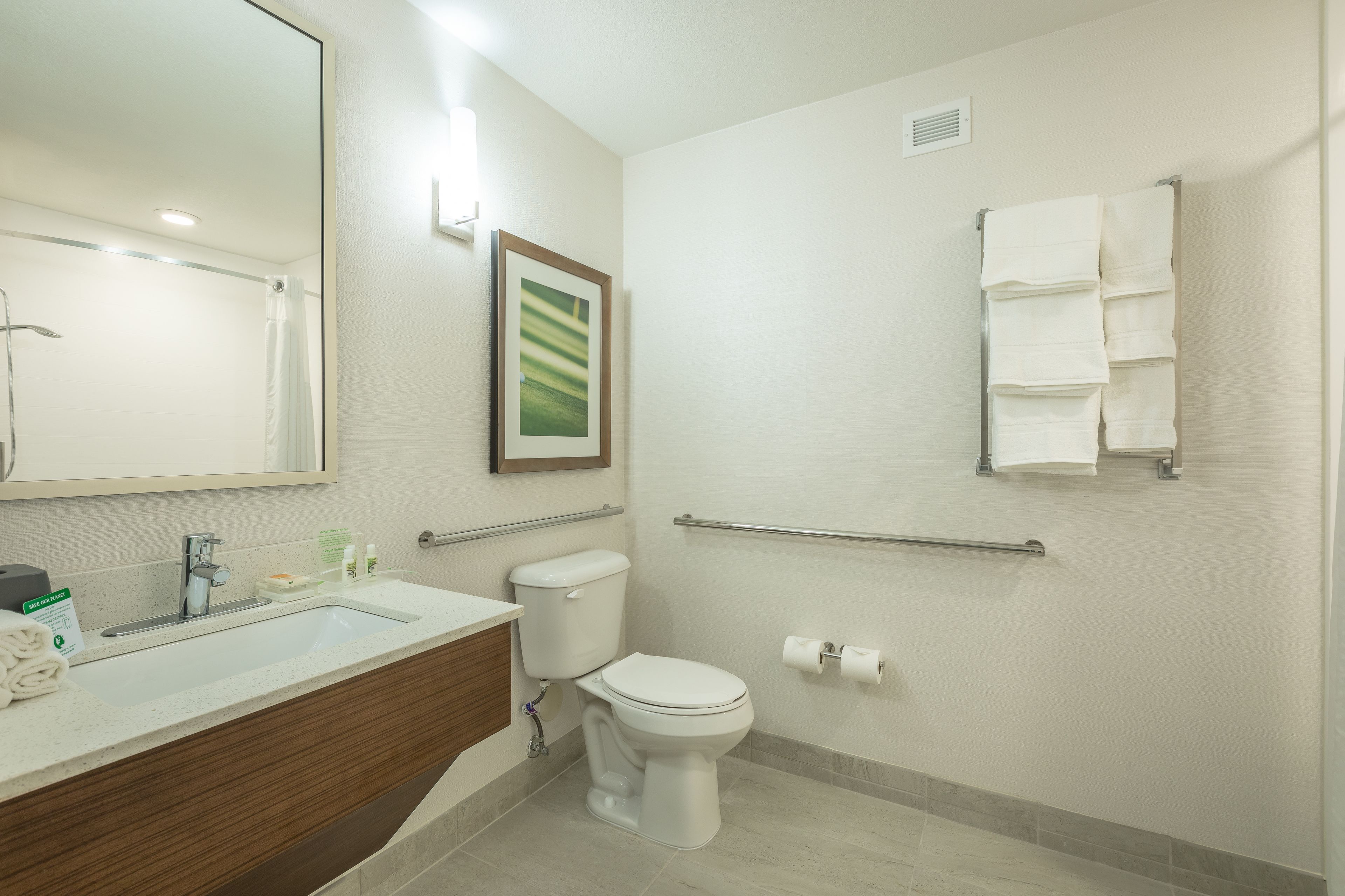 Une salle de bain moderne équipée d’un lavabo, de toilettes et de barres d’appui.