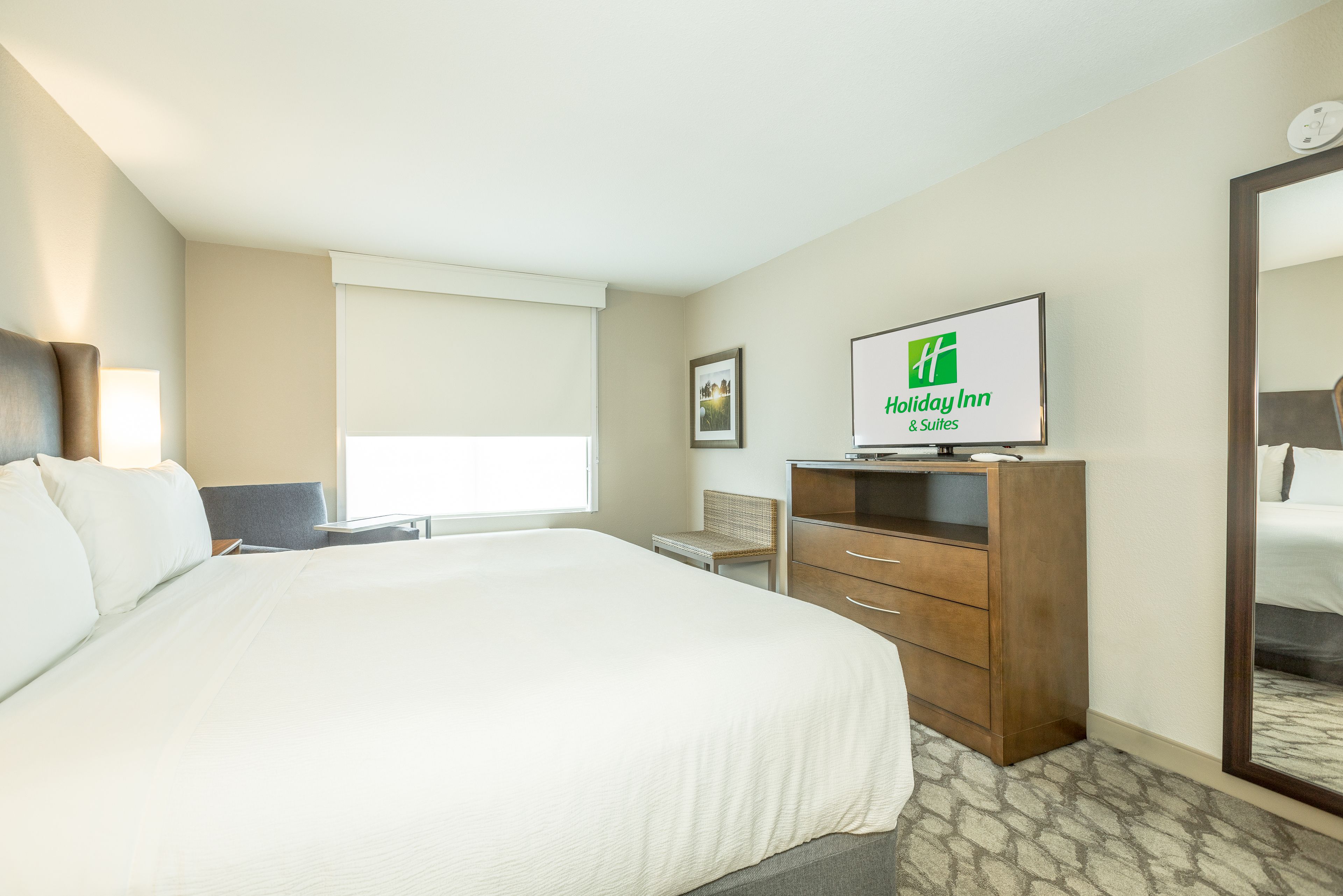 Une chambre d’hôtel avec un grand lit, un bureau, une chaise, une commode, une télévision et un miroir.