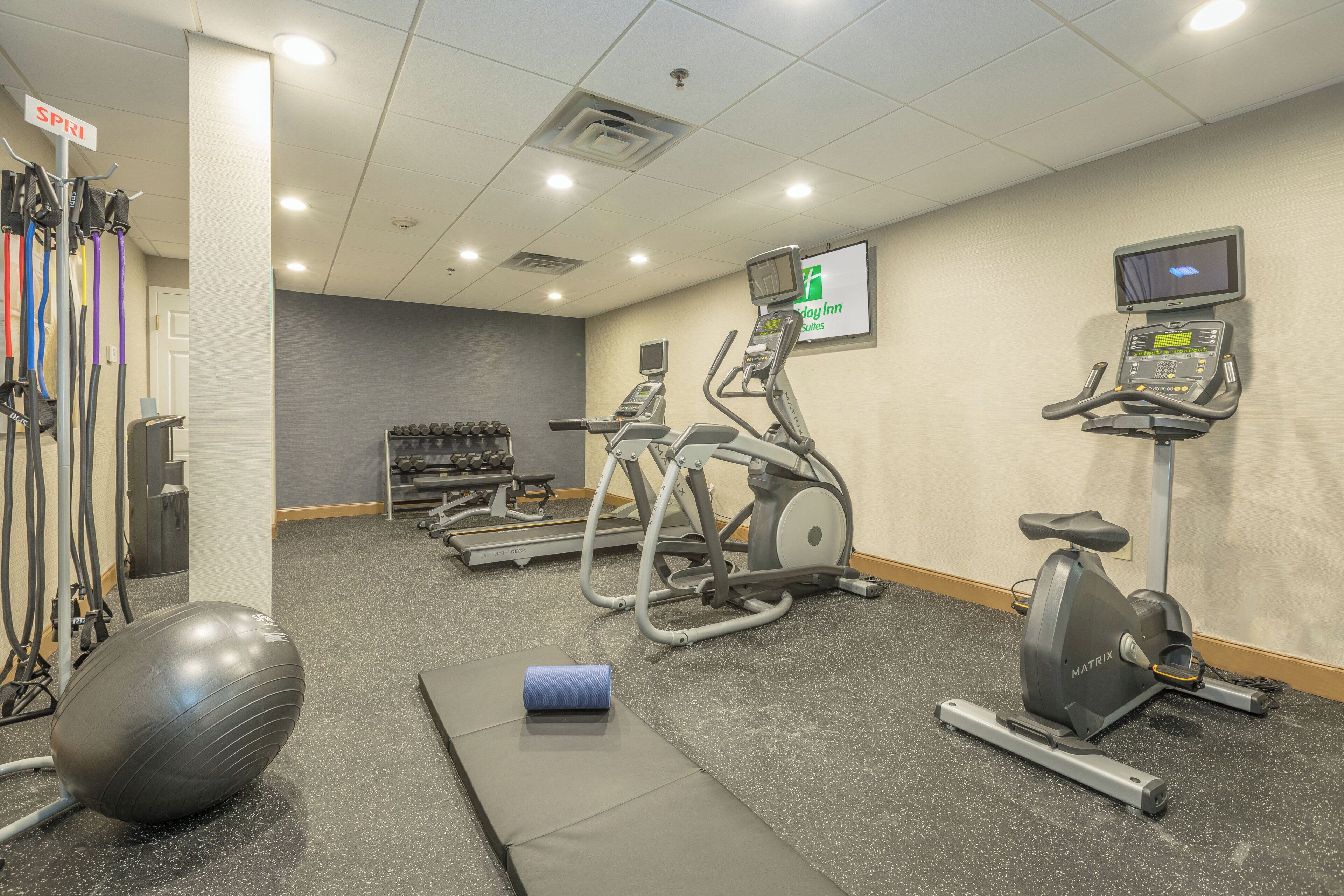 A gym with treadmills, stationary bikes, and free weights.