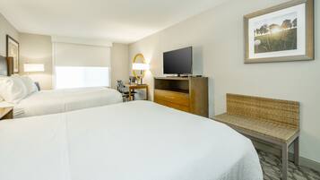 A hotel room with two beds, a desk with a chair, a television, and a framed picture on the wall.