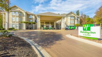 A Holiday Inn & Suites with a covered entrance, a parking area, and a landscaped driveway.