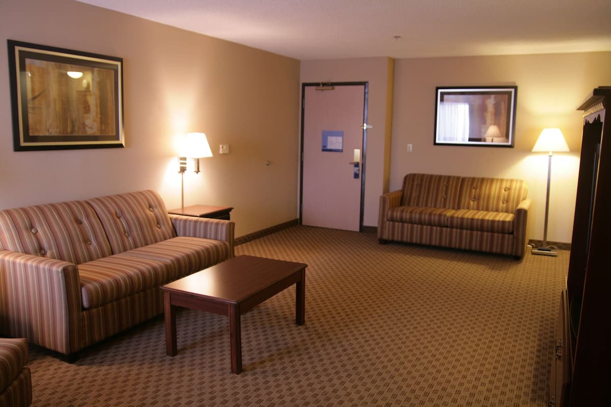 Quarto de hotel com duas sofás listradas, uma mesa de centro de madeira e duas luminárias de chão.