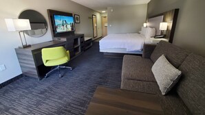 Una habitación de hotel con cama, sofá, escritorio con televisor y una silla.