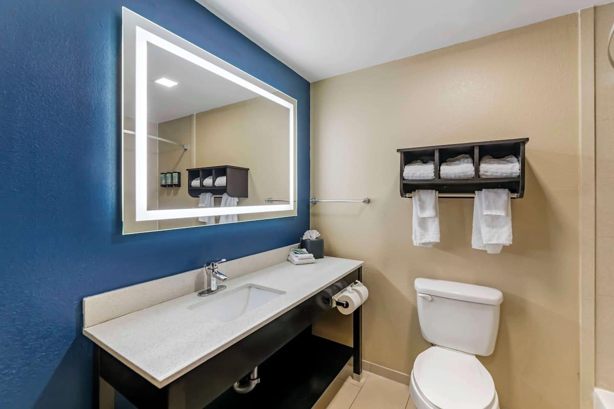 standard room, 2 queen beds, non smoking, refrigerator & microwave | bathroom | free toiletries, hair dryer, towels, soap