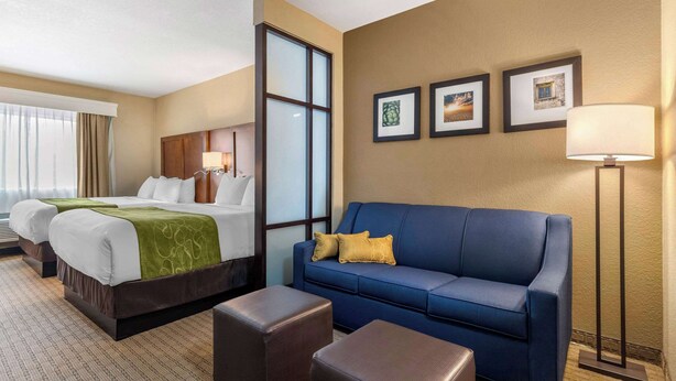 Habitación de hotel con una cama grande, un sofá azul y dos sillones. Hay cuadros en la pared y una lámpara de pie.