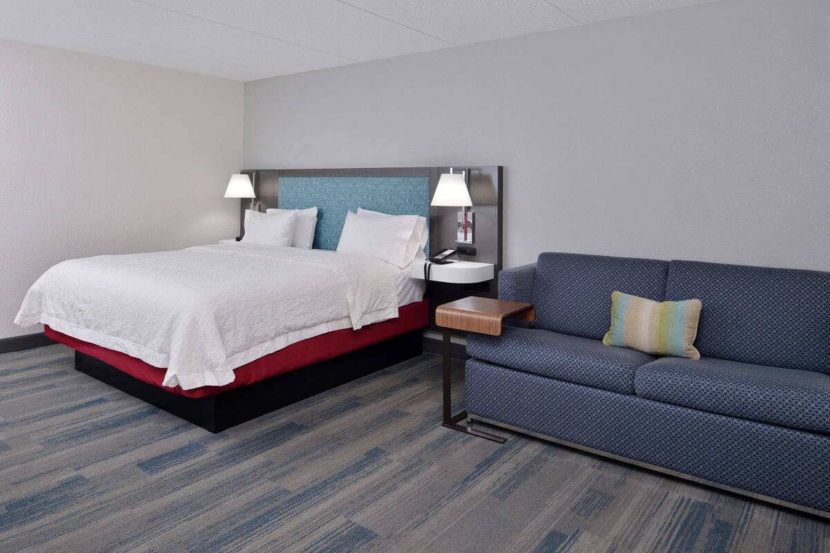 Une chambre d’hôtel avec un lit, une table de chevet, une lampe, un canapé bleu et un tapis à motifs.