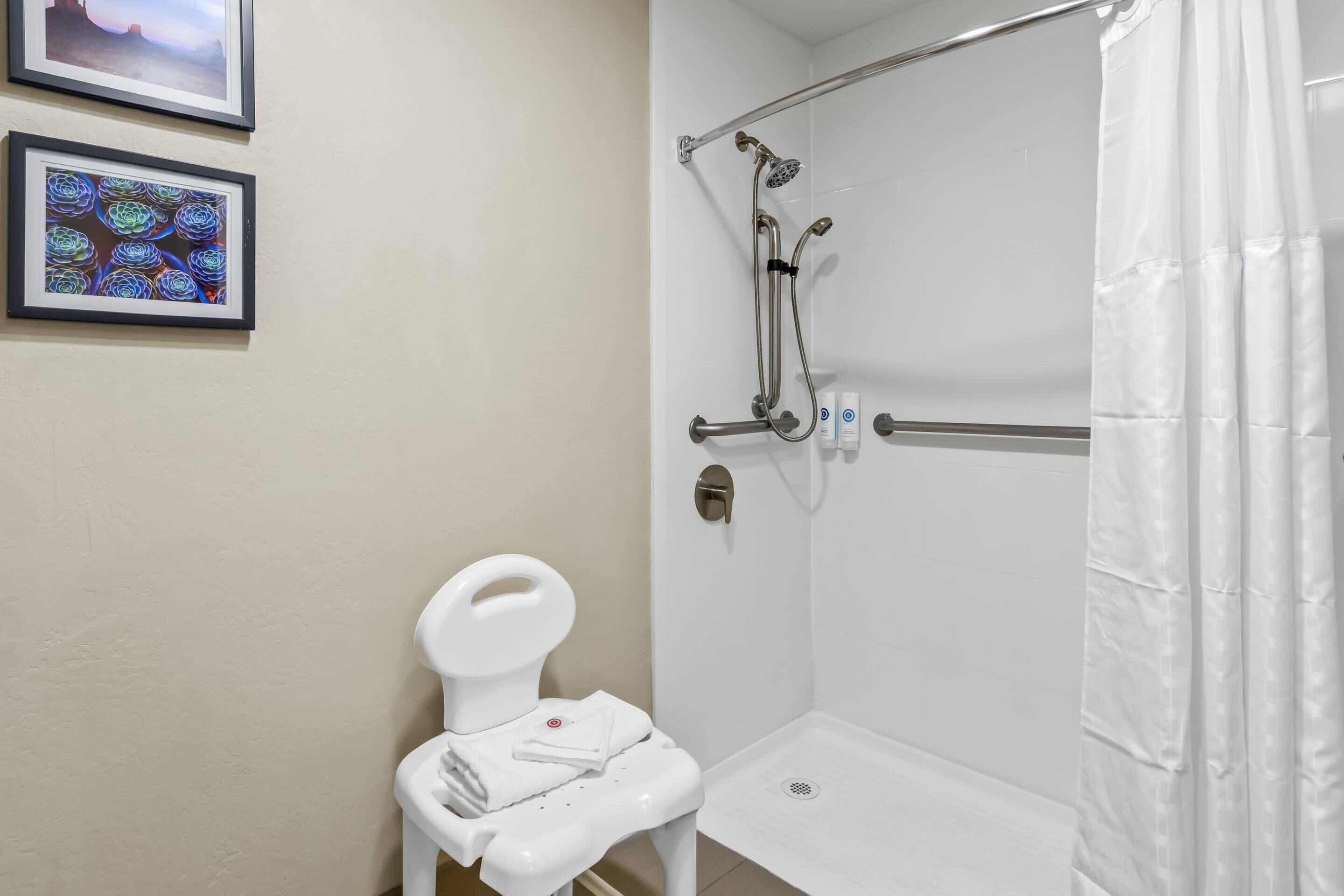 Een badkamer met een douche, toilet en een kunstwerk in een lijst aan de muur.