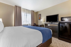Premium bedding, laptop workspace, blackout drapes, iron/ironing board