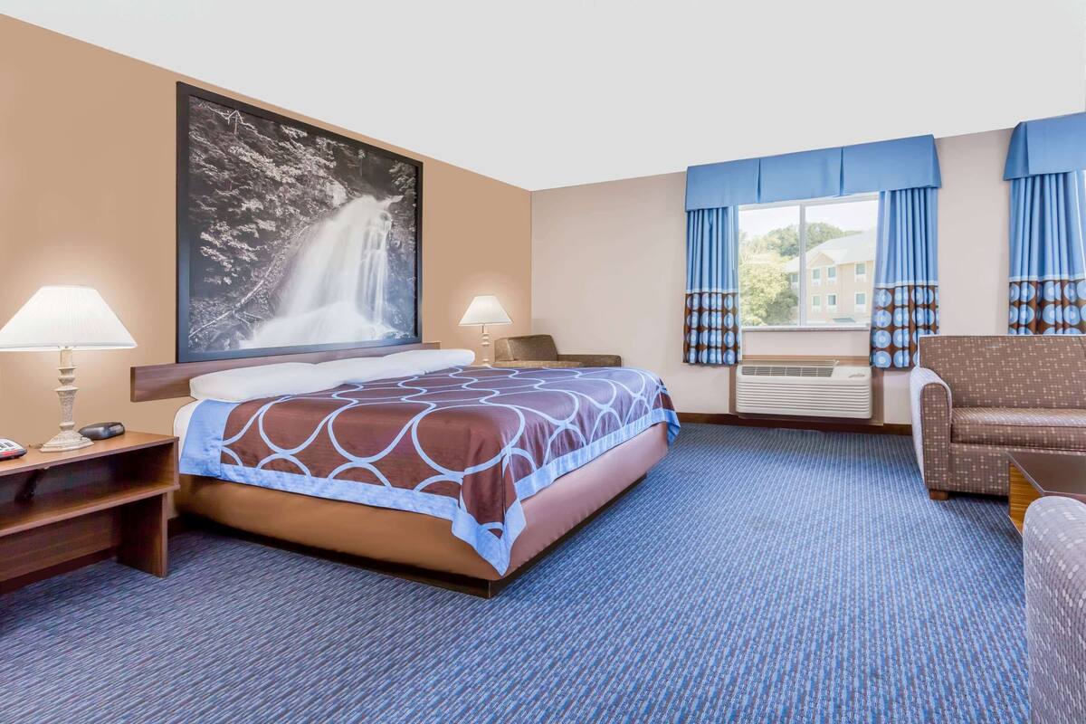 Une chambre d’hôtel avec un lit, deux lampes de chevet, un grand tableau encadré représentant une cascade, une fenêtre avec des rideaux bleus et un canapé.