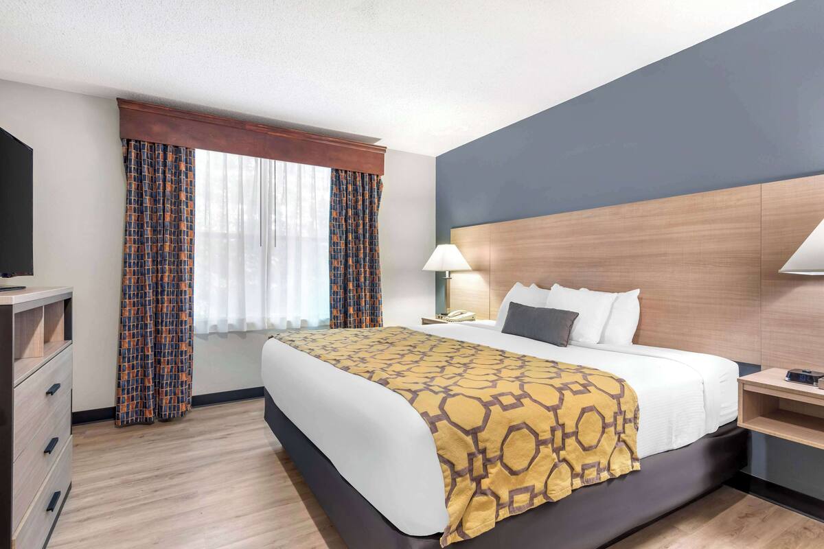Une chambre d’hôtel avec un grand lit, une table de chevet, une lampe, une télévision et une fenêtre avec des rideaux à motifs.