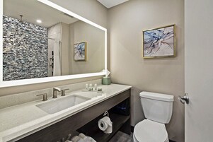 Combined shower/tub, hair dryer, towels
