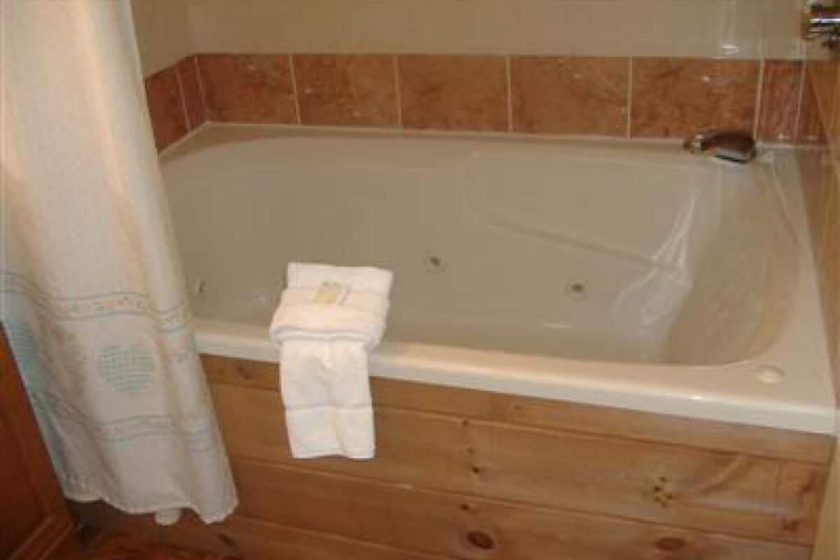 Une salle de bain avec une baignoire, des meubles en bois et un rideau de douche.