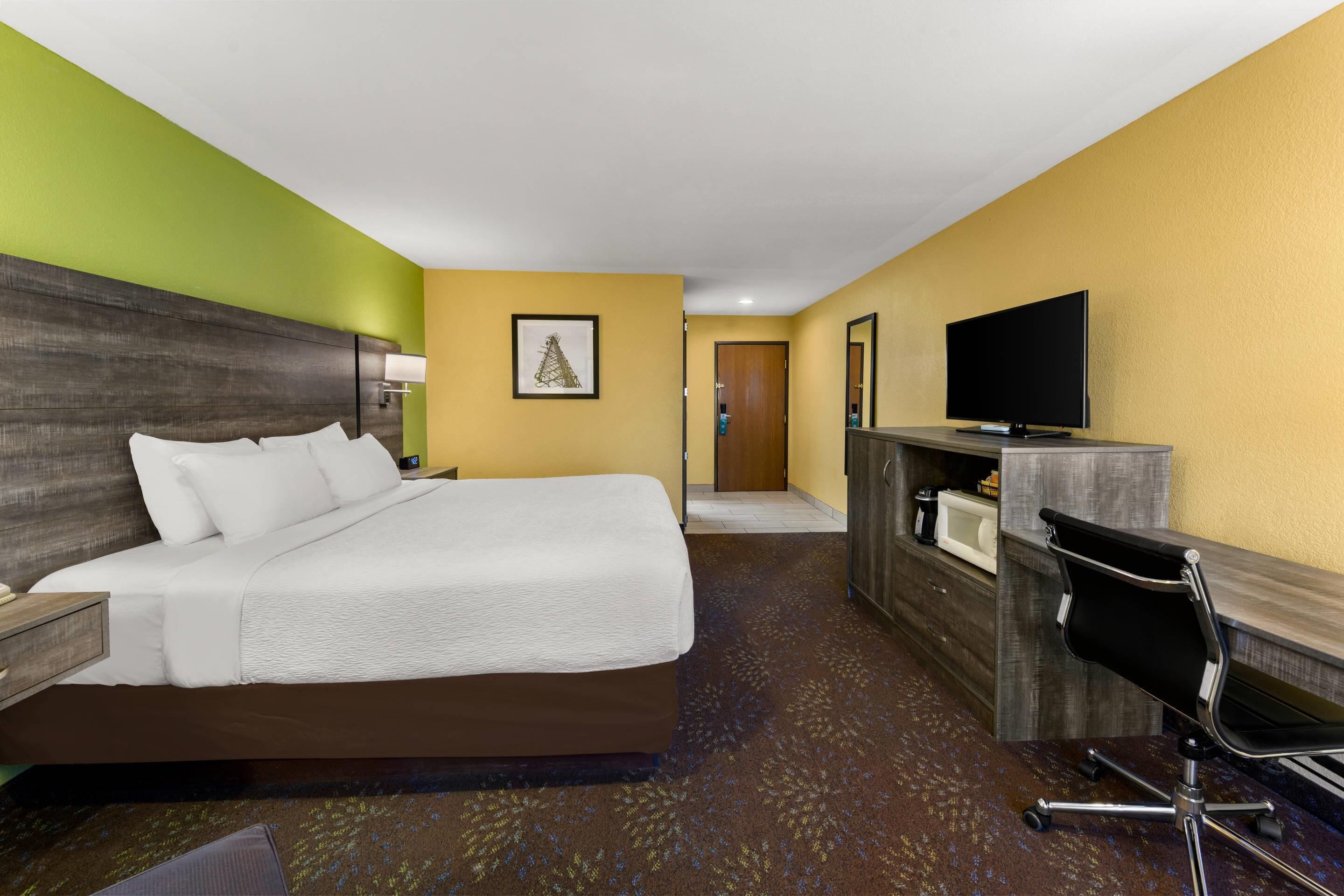 A hotel room with a large bed, a desk with a chair, a television, and a framed picture on the wall.