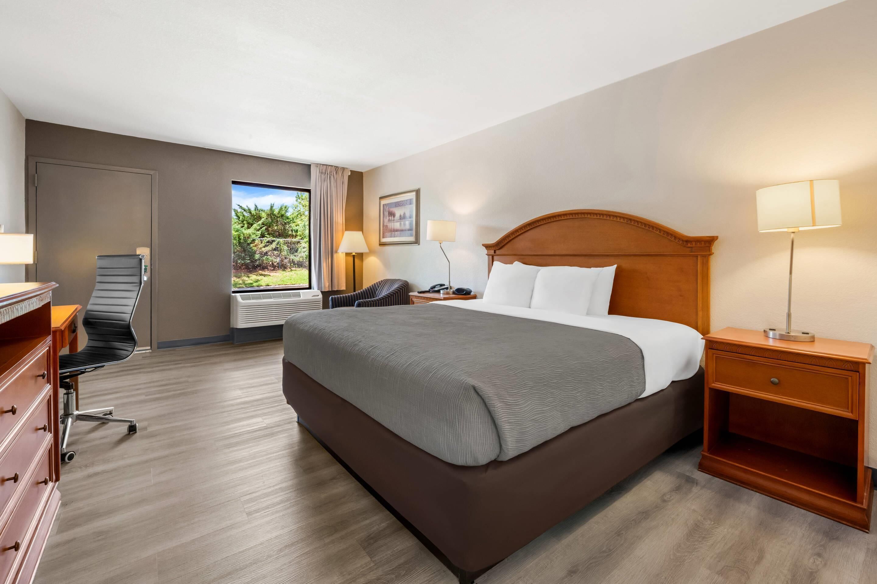 A hotel room with a large bed, a desk with a chair, a nightstand, and a window with a view of greenery.
