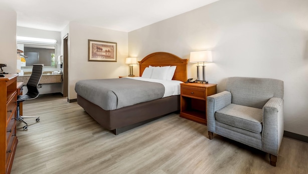 Una habitación de hotel con cama, mesita de noche, silla, escritorio y espejo.