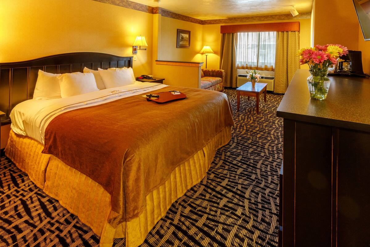 A hotel room with a large bed, a desk, a chair, and a window with curtains.