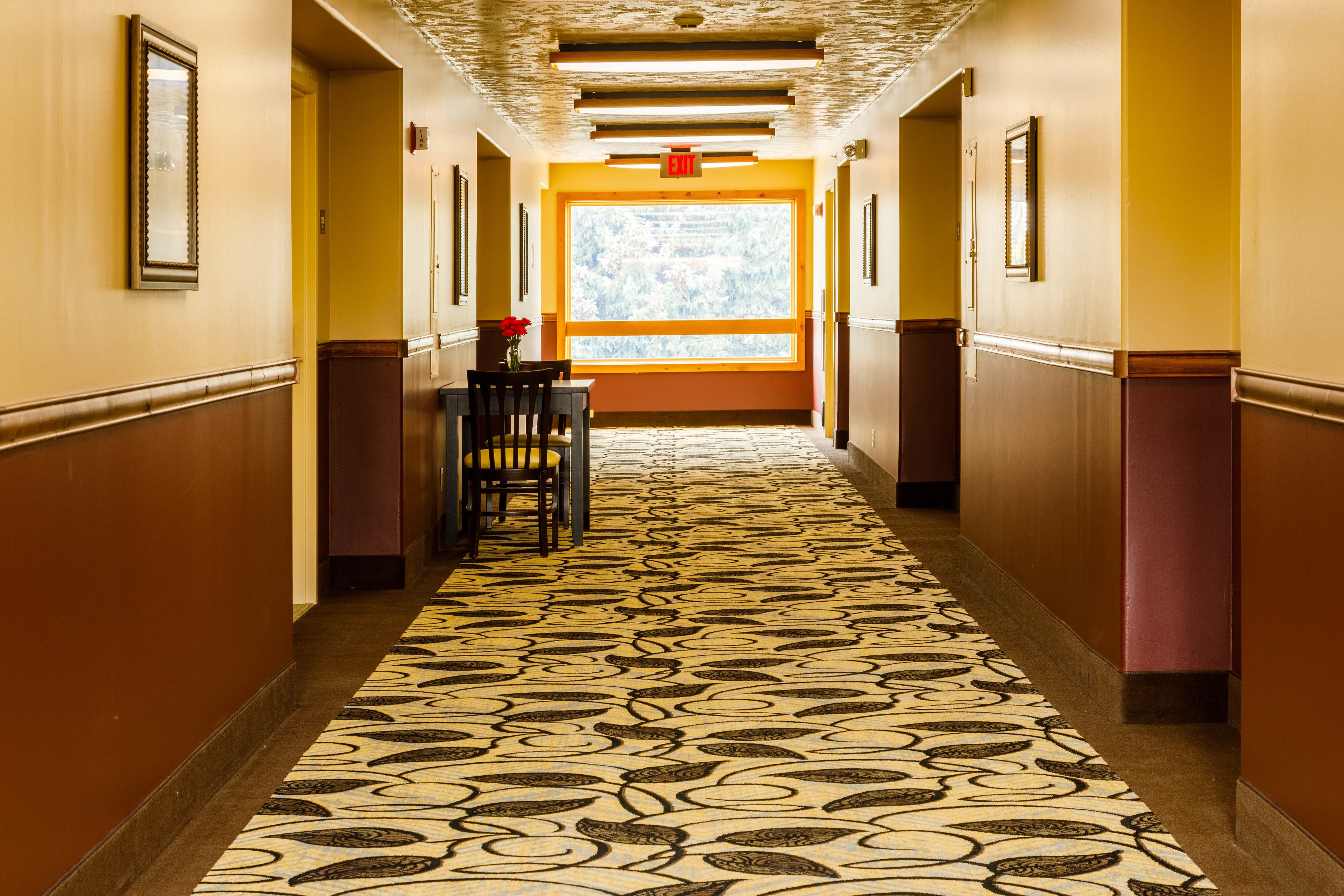 A hotel hallway with patterned carpet, wooden paneling, and framed pictures on the walls.